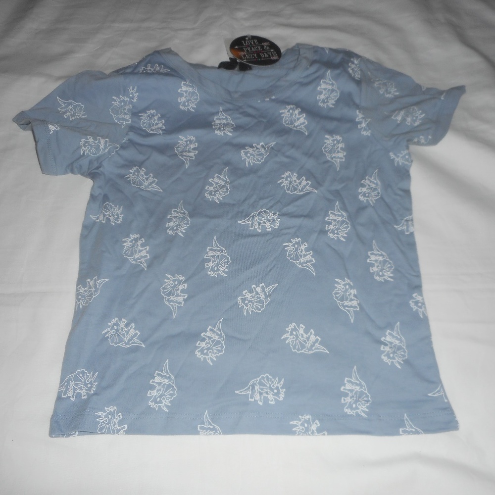 Love Peace & Lazy Days Blue Crop Dinosaur Shirt NW